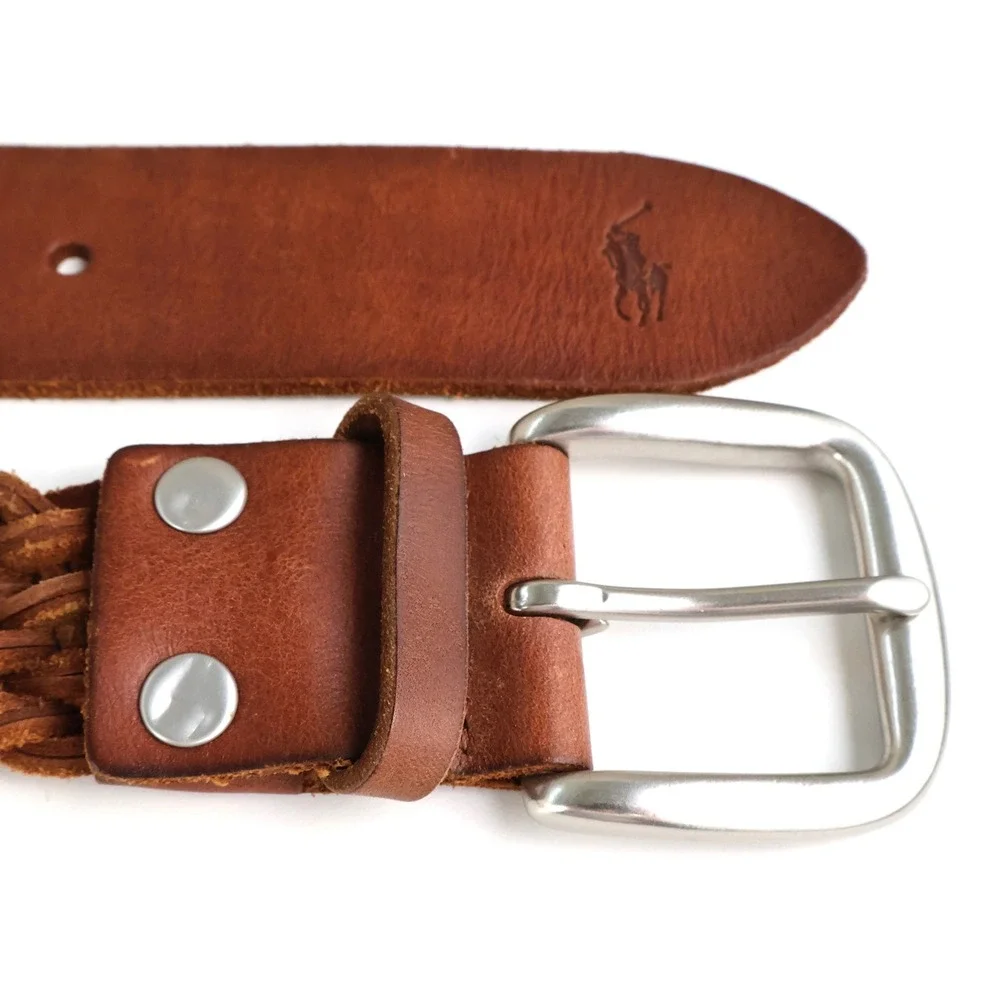 Polo Ralph Lauren Mens Braided Leather Belt Brown Woven Solid Brass 36 2113147